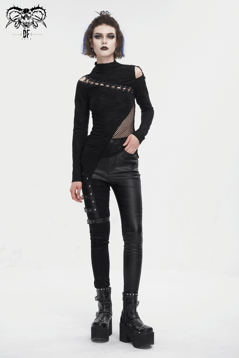 Goth Patchwork Half-Turtleneck with Asymmetrical Hem