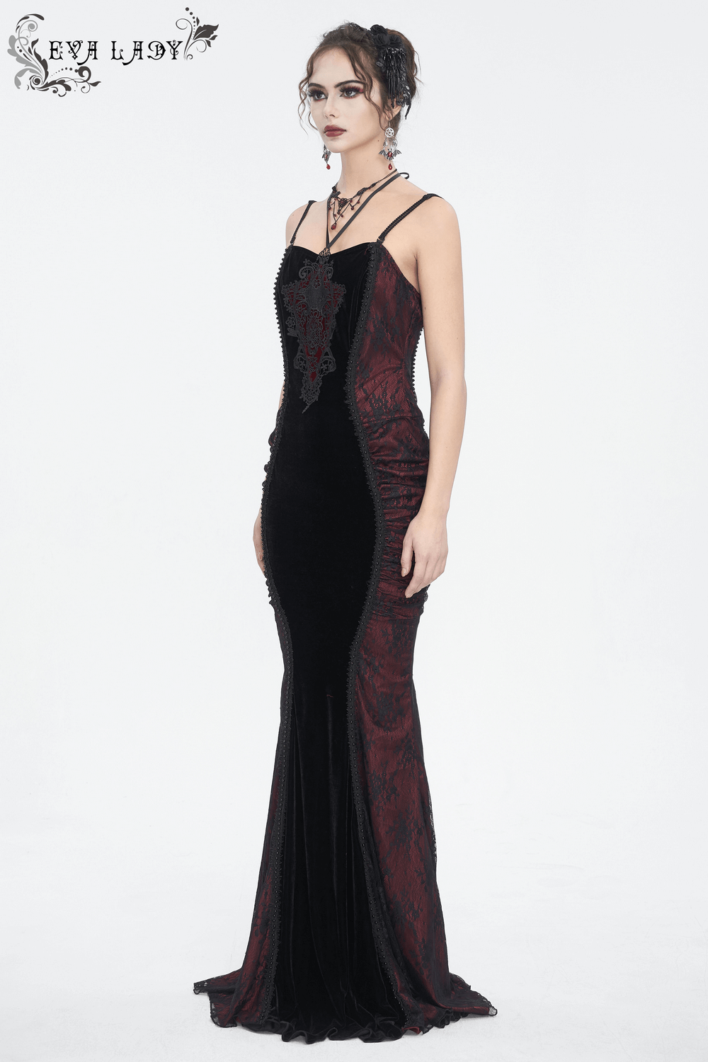 Goth Velvet Long Dress with Lace Appliques for Women