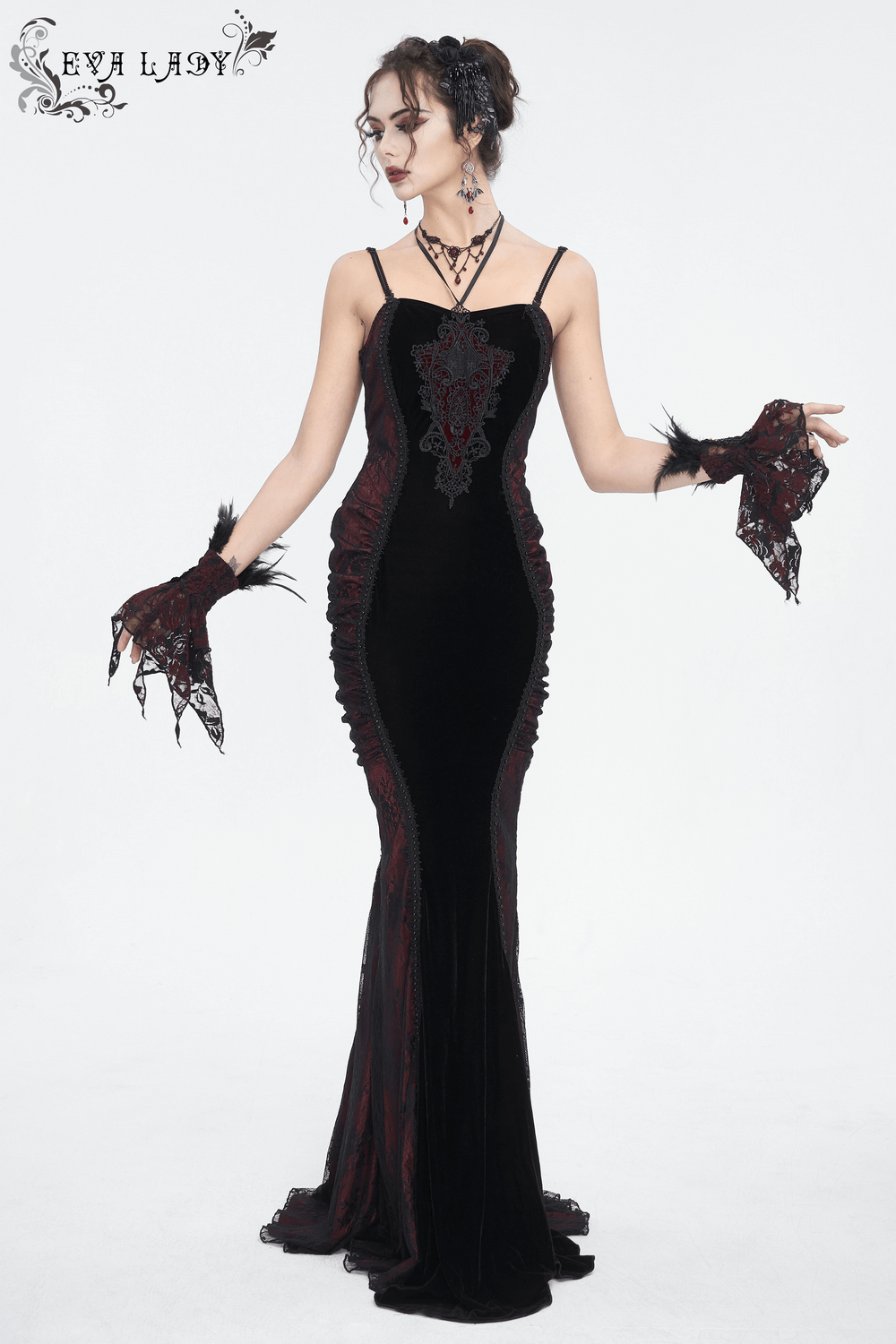 Goth Velvet Long Dress with Lace Appliques for Women