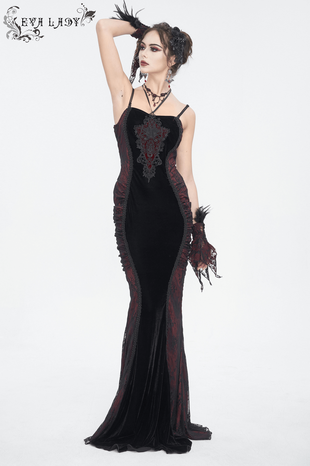 Goth Velvet Long Dress with Lace Appliques for Women