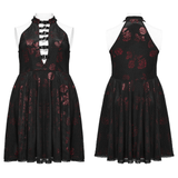 Gothic A-Line Dress with Roses Pattern and Buckle Accents