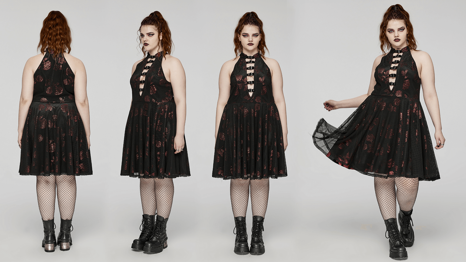 Gothic A-Line Dress with Roses Pattern and Buckle Accents
