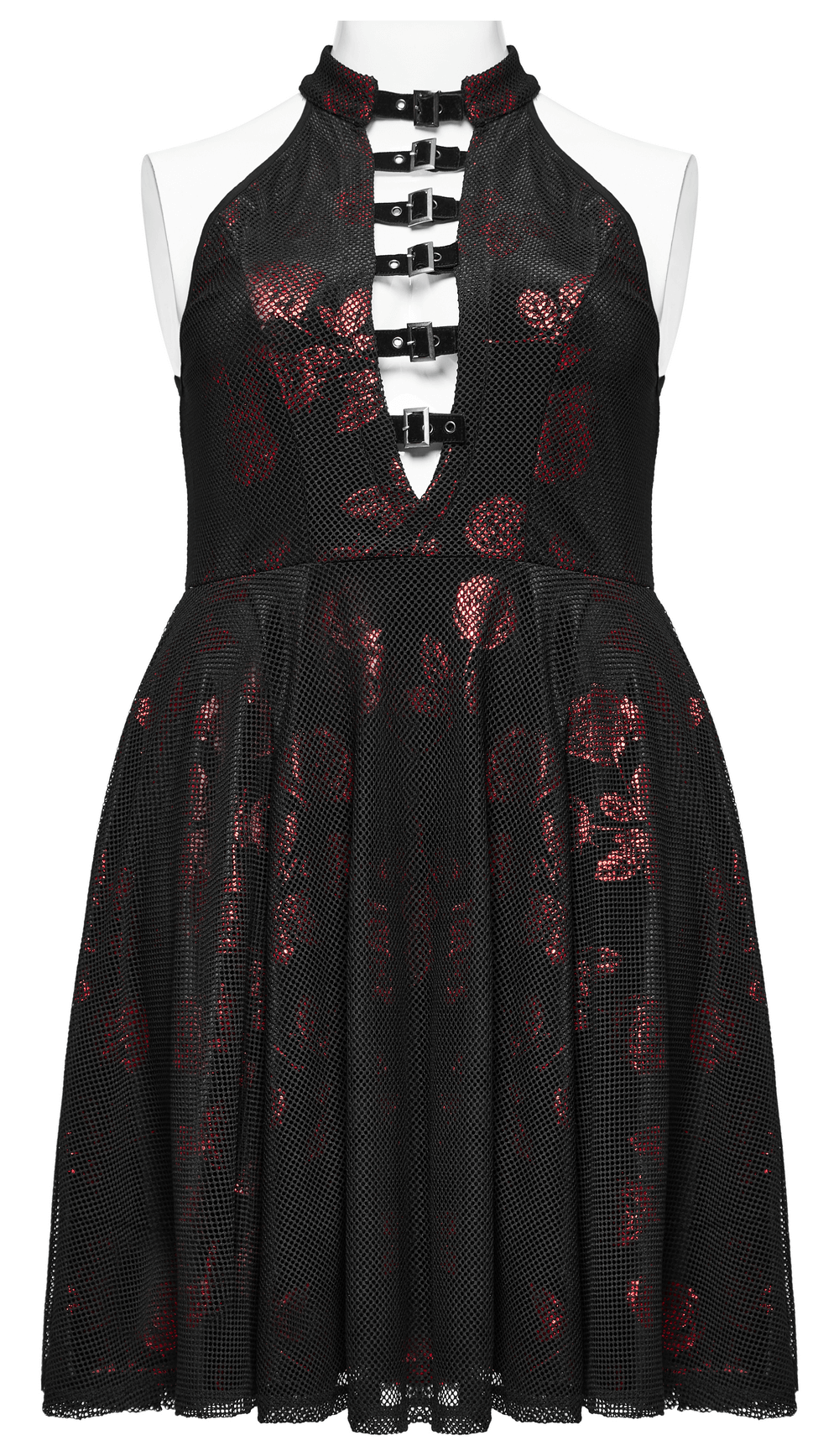 Gothic A-Line Dress with Roses Pattern and Buckle Accents