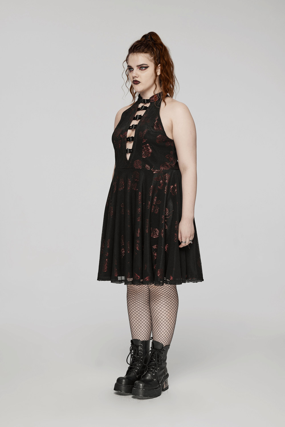 Gothic A-Line Dress with Roses Pattern and Buckle Accents