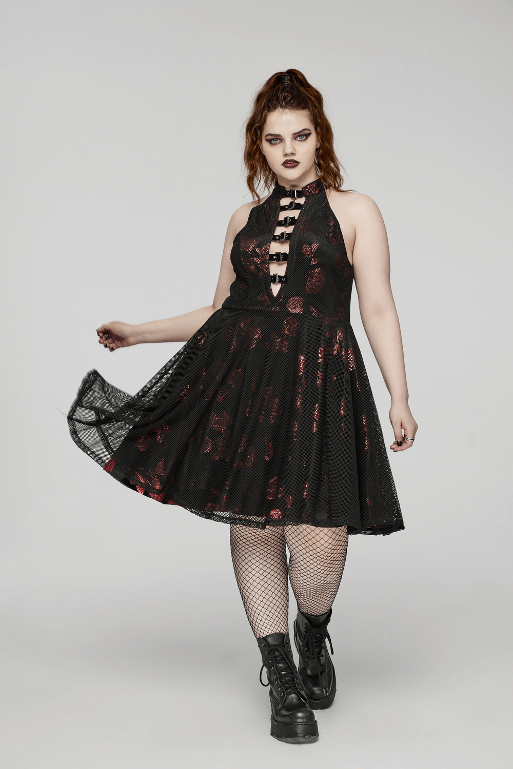 Gothic A-Line Dress with Roses Pattern and Buckle Accents
