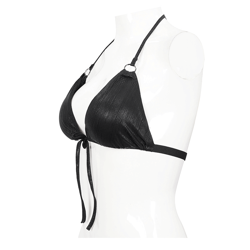 Gothic Black Bikini Top: Rope Tie / Stretch Straps
