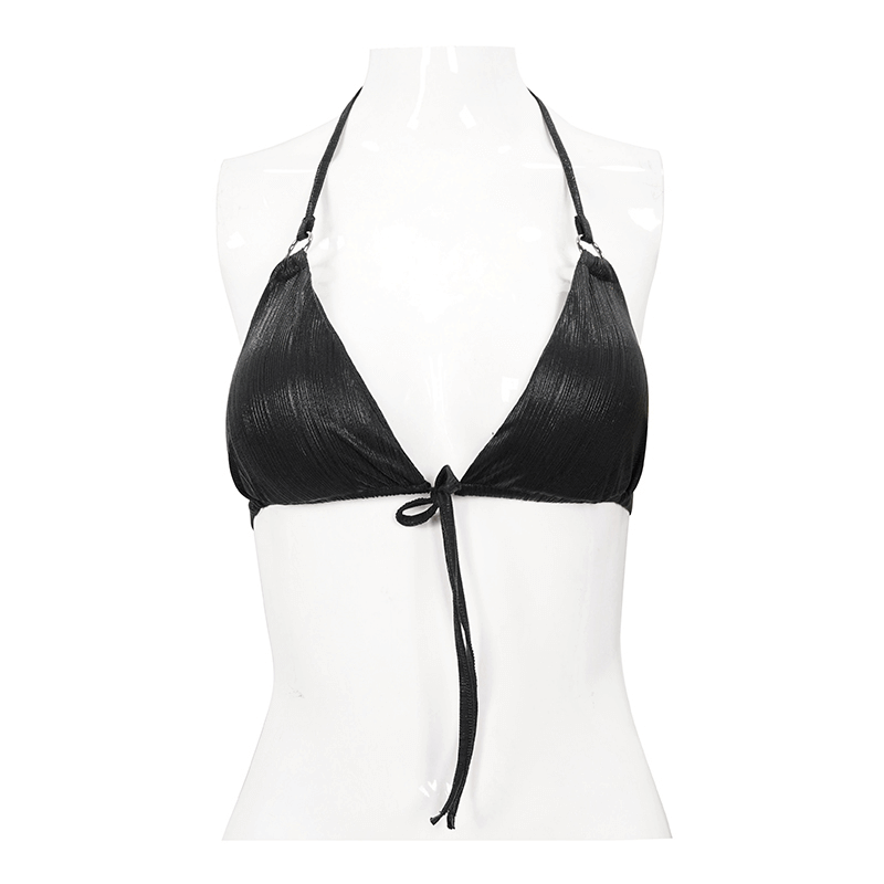 Gothic Black Bikini Top: Rope Tie / Stretch Straps