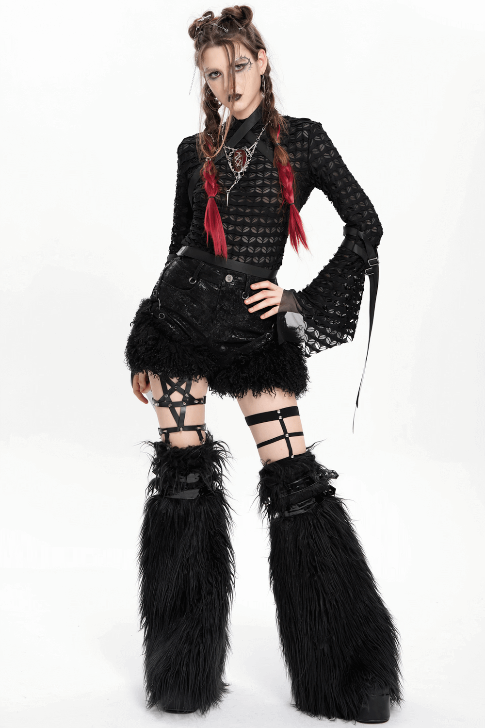 Gothic Black Faux Leather Shorts Accented with Fur Hem