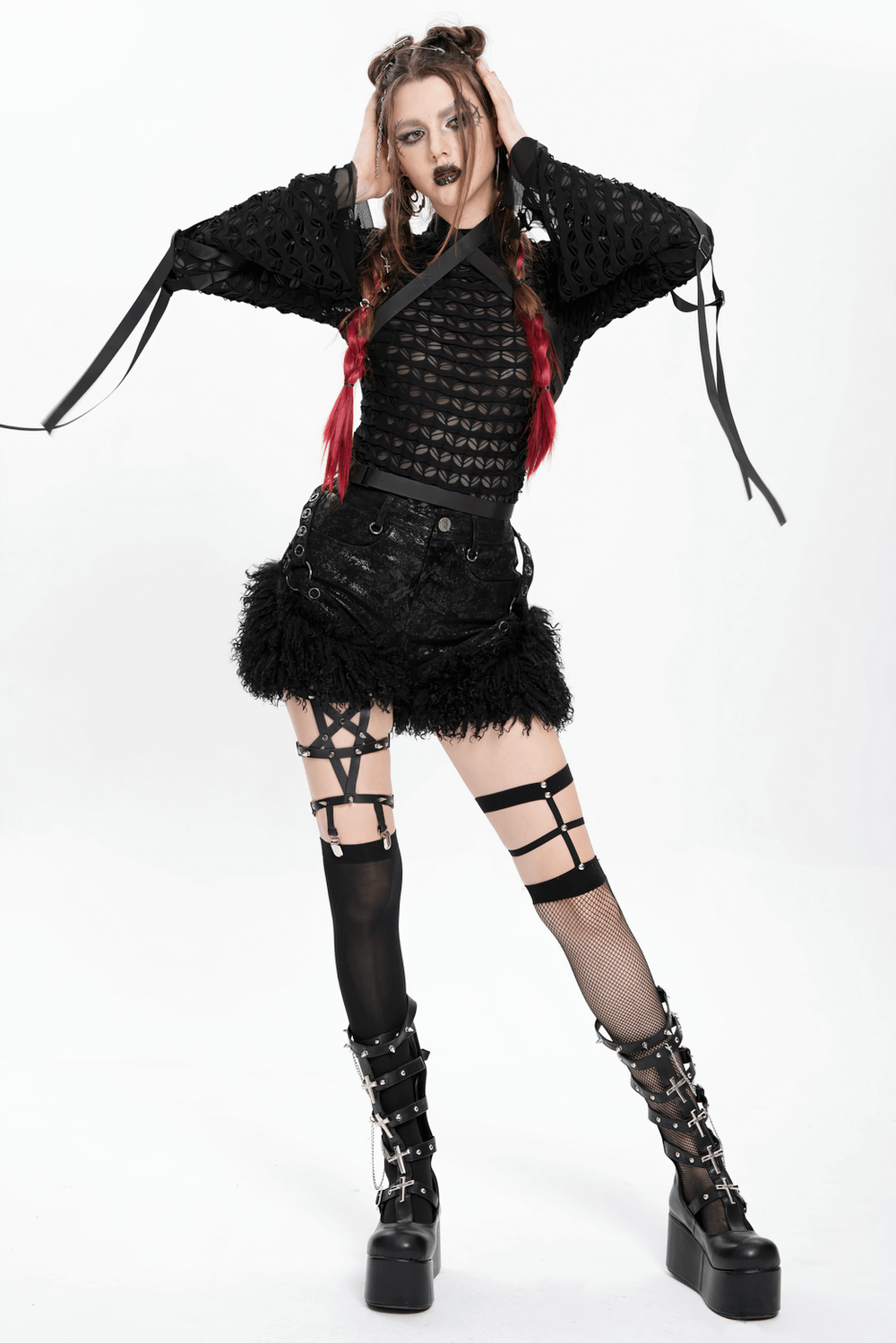 Gothic Black Faux Leather Shorts Accented with Fur Hem