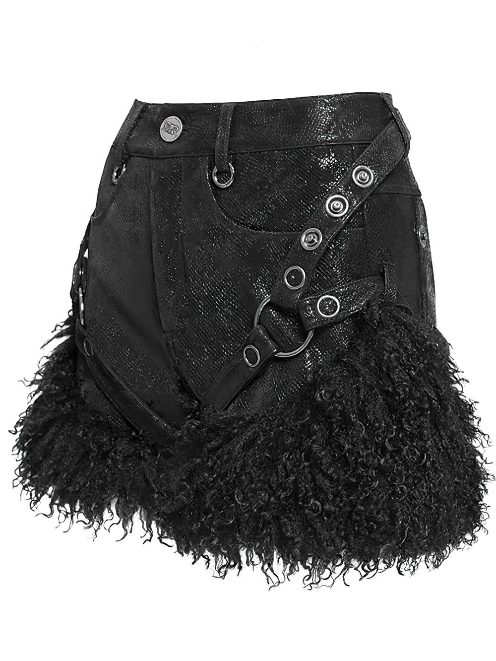 Gothic Black Faux Leather Shorts Accented with Fur Hem