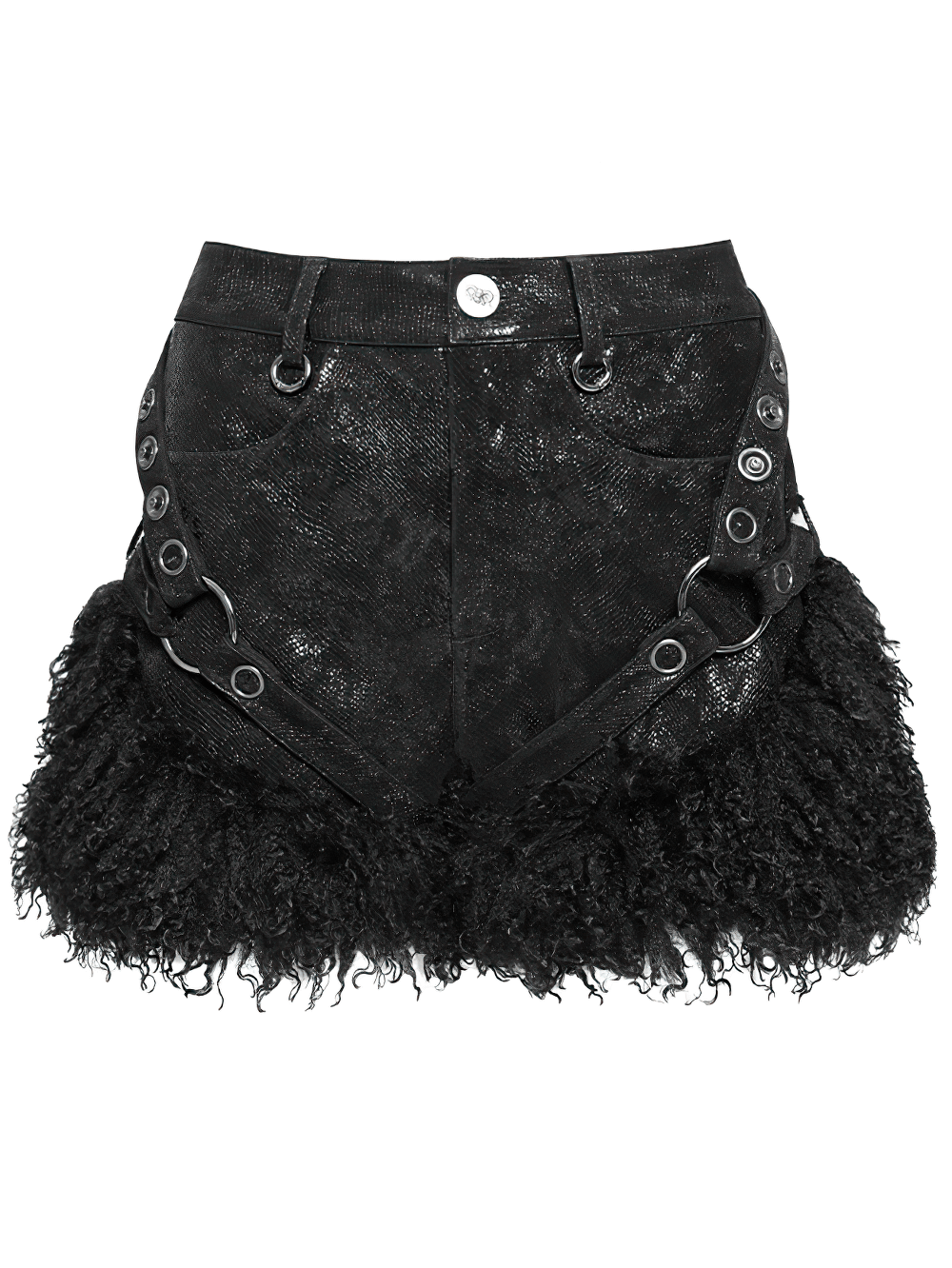 Gothic Black Faux Leather Shorts Accented with Fur Hem