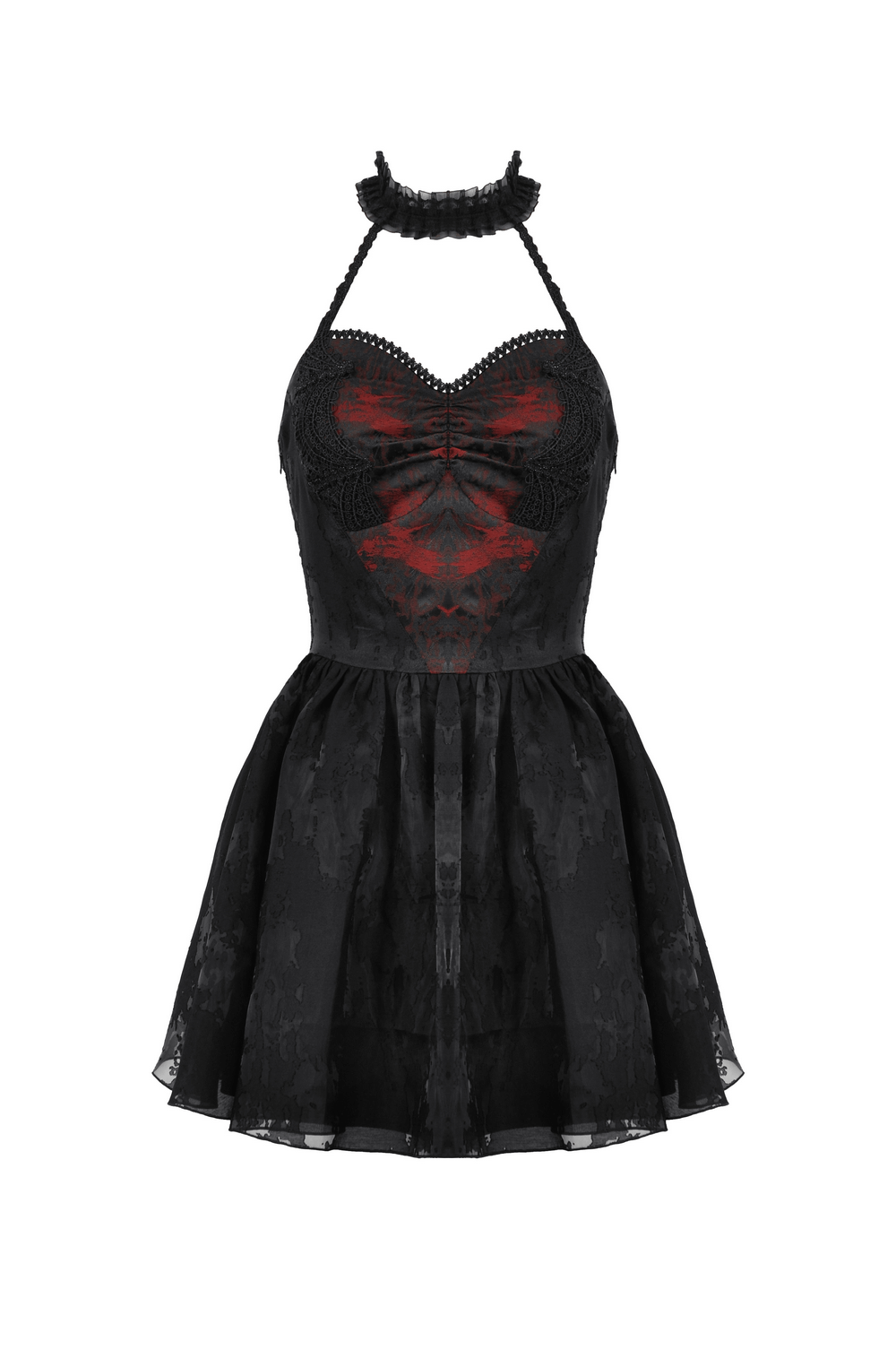 Gothic Black Halter Neck Dress with Ruffled Lace Accents