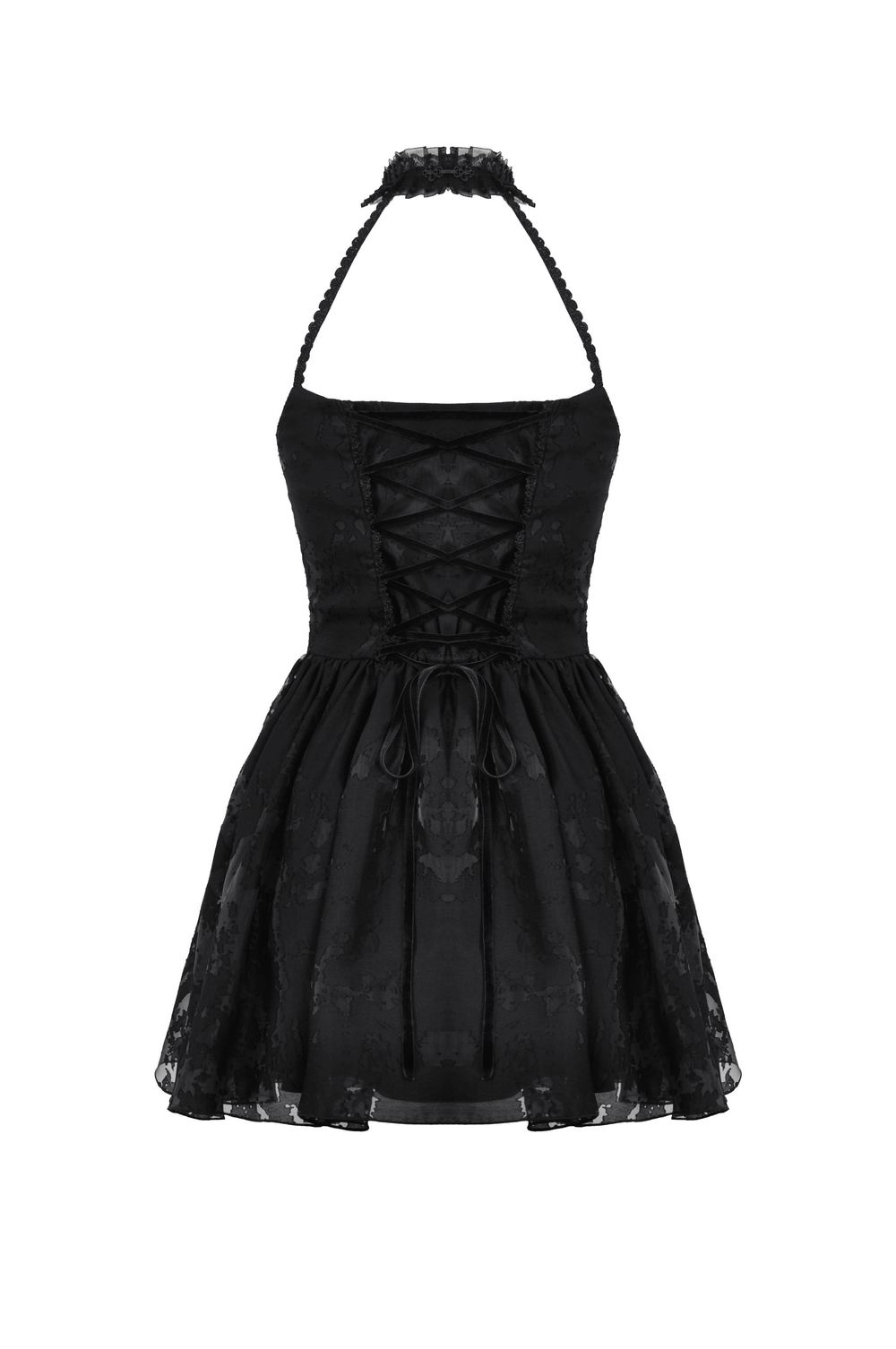 Gothic Black Halter Neck Dress with Ruffled Lace Accents