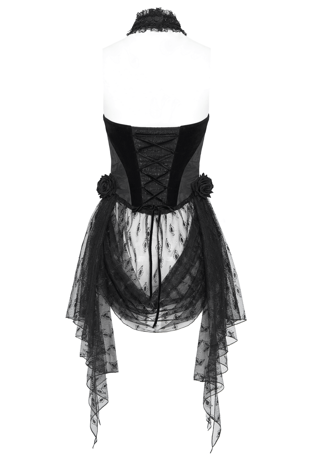 Gothic Black Lace Halter Top with Rose Details and Chains
