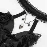 Gothic Black Lace Halter Top with Rose Details and Chains