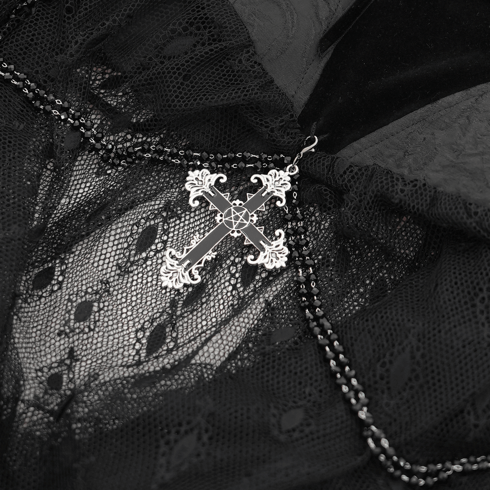 Gothic Black Lace Halter Top with Rose Details and Chains