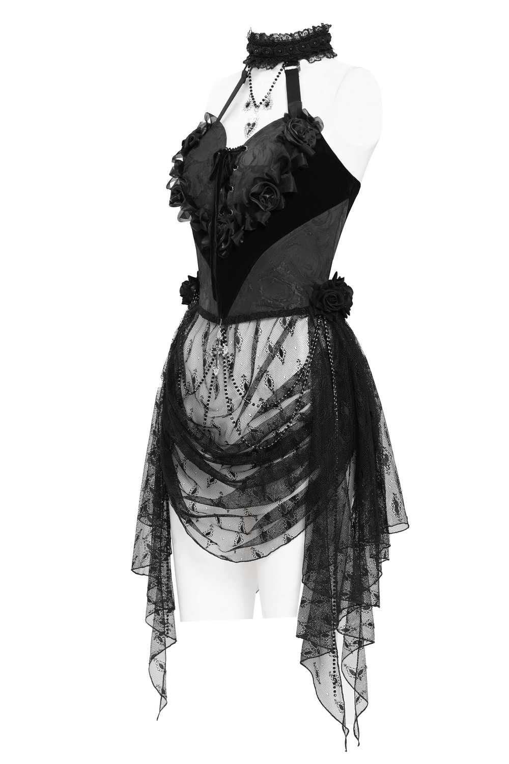 Gothic Black Lace Halter Top with Rose Details and Chains