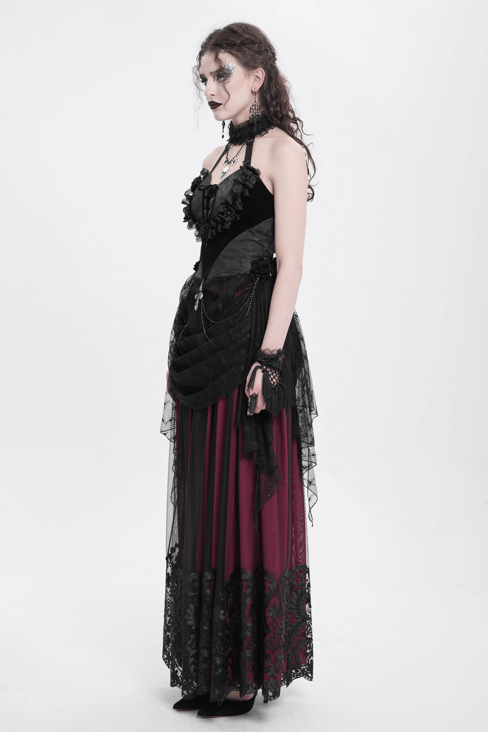 Gothic Black Lace Halter Top with Rose Details and Chains