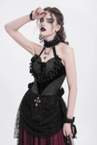 Gothic Black Lace Halter Top with Rose Details and Chains
