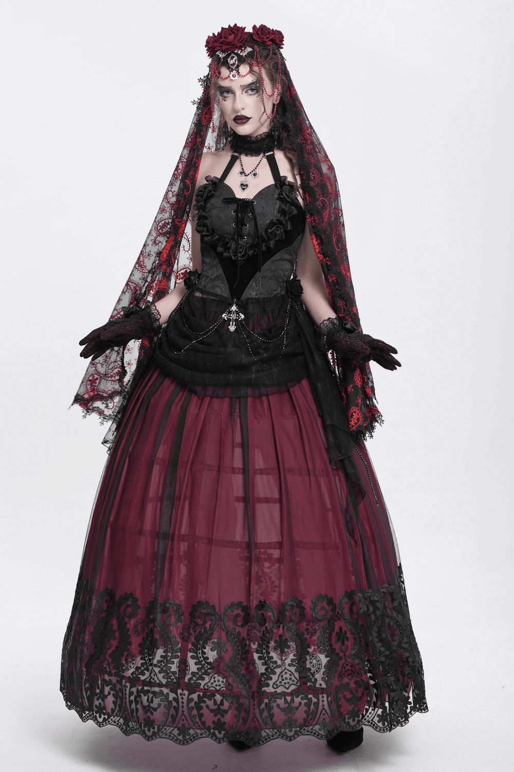 Gothic Black Lace Halter Top with Rose Details and Chains