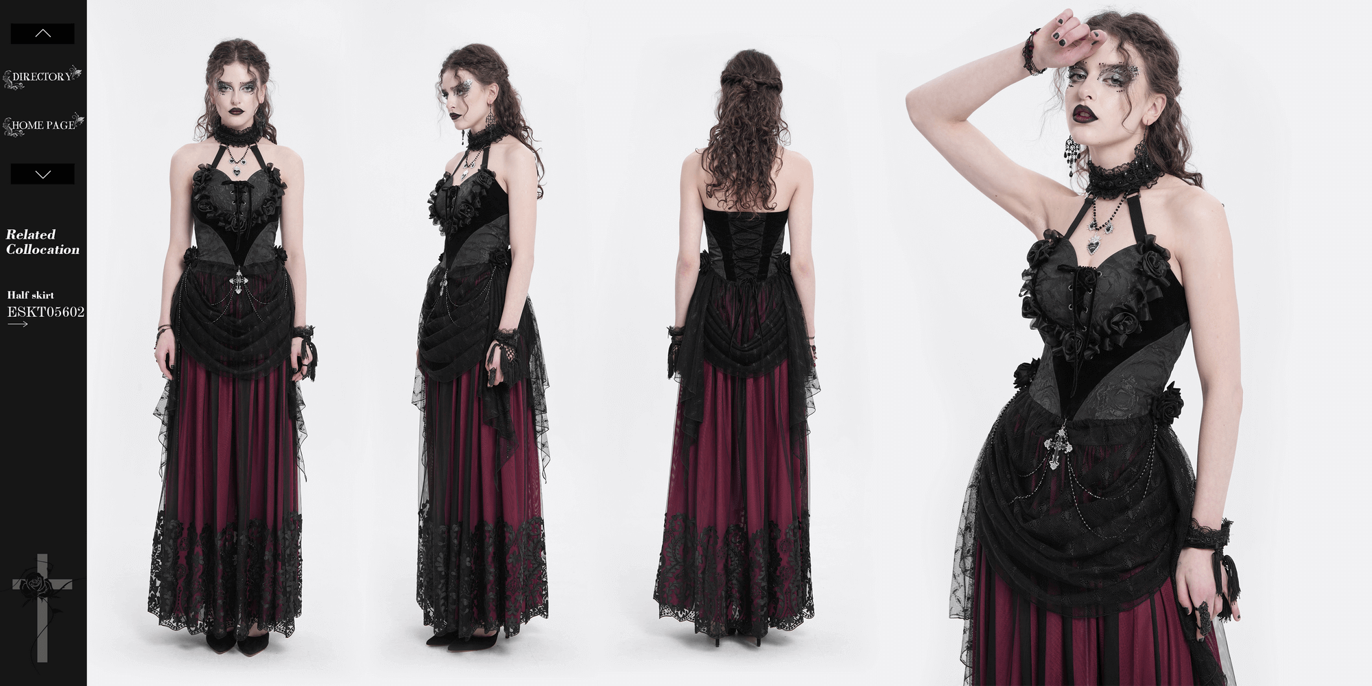 Gothic Black Lace Halter Top with Rose Details and Chains