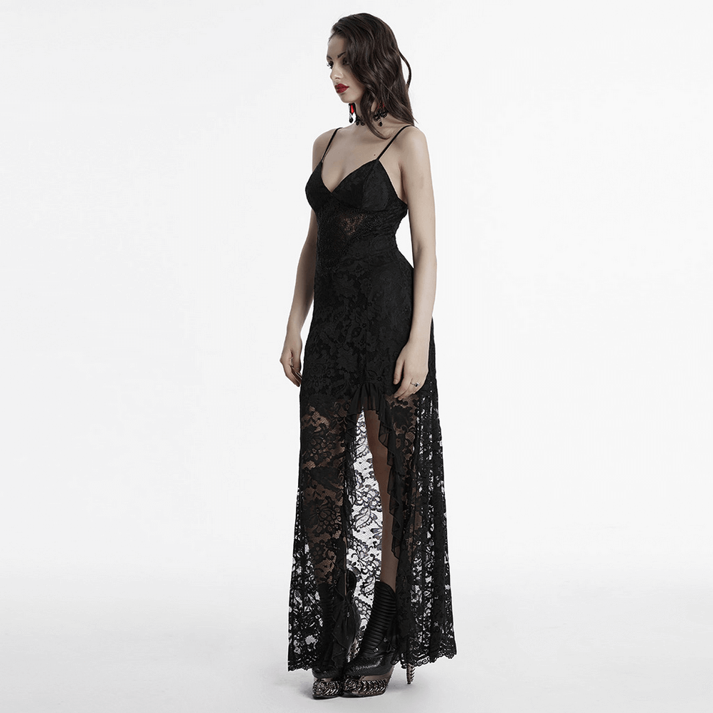 Gothic Black Lace Maxi Dress with High Slit and Corset Back