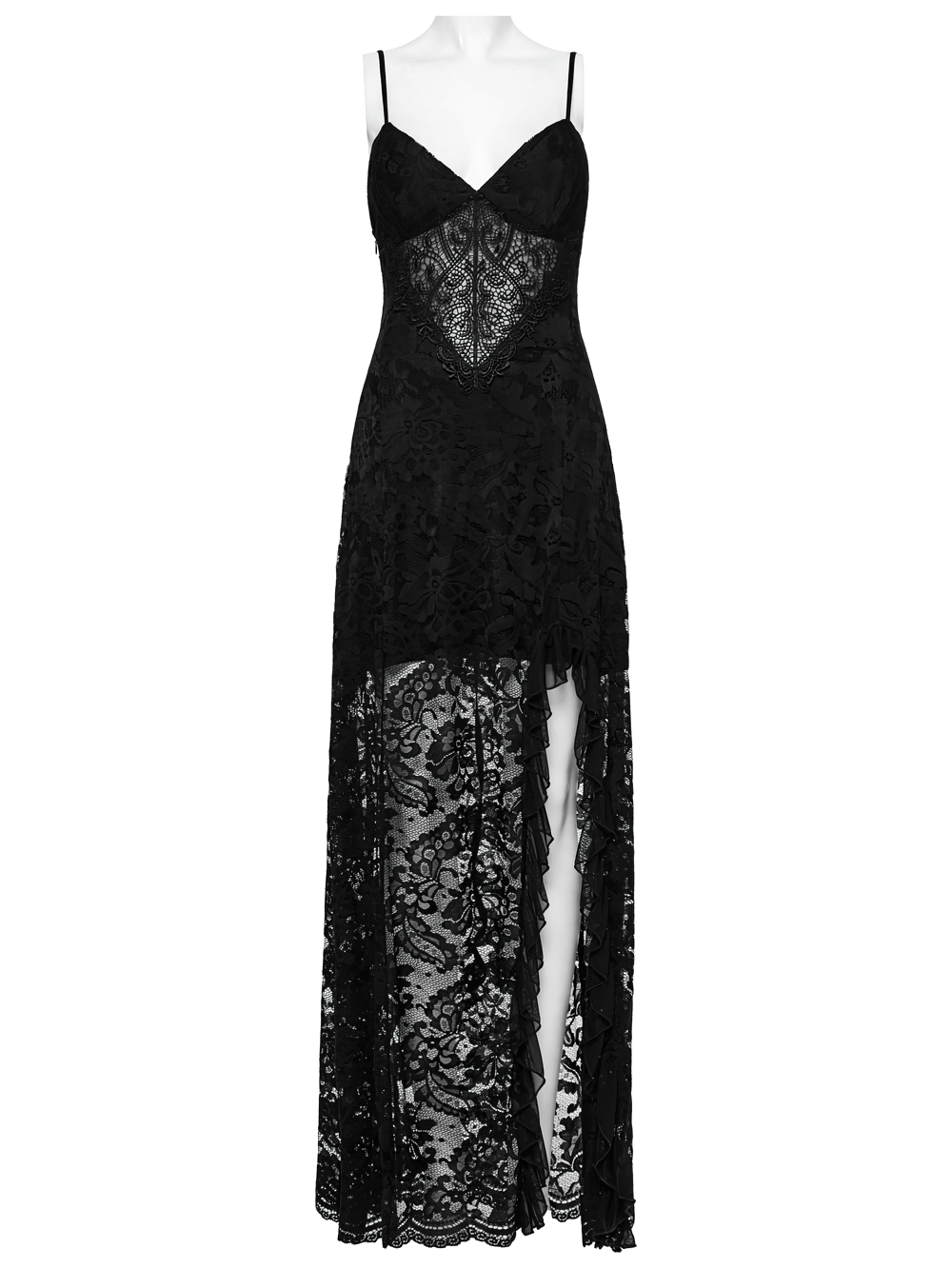 Gothic Black Lace Maxi Dress with High Slit and Corset Back