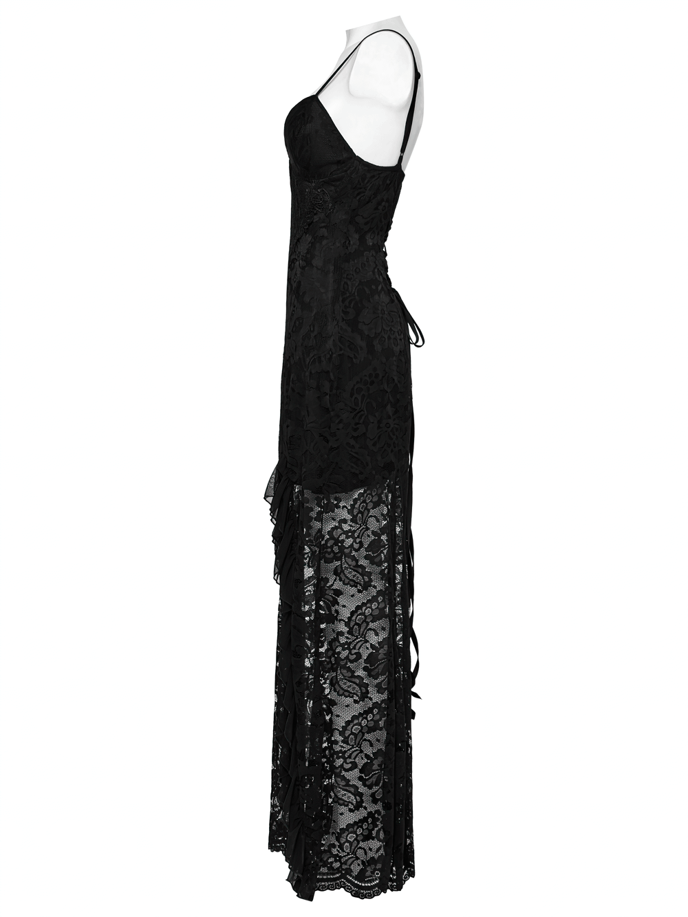 Gothic Black Lace Maxi Dress with High Slit and Corset Back