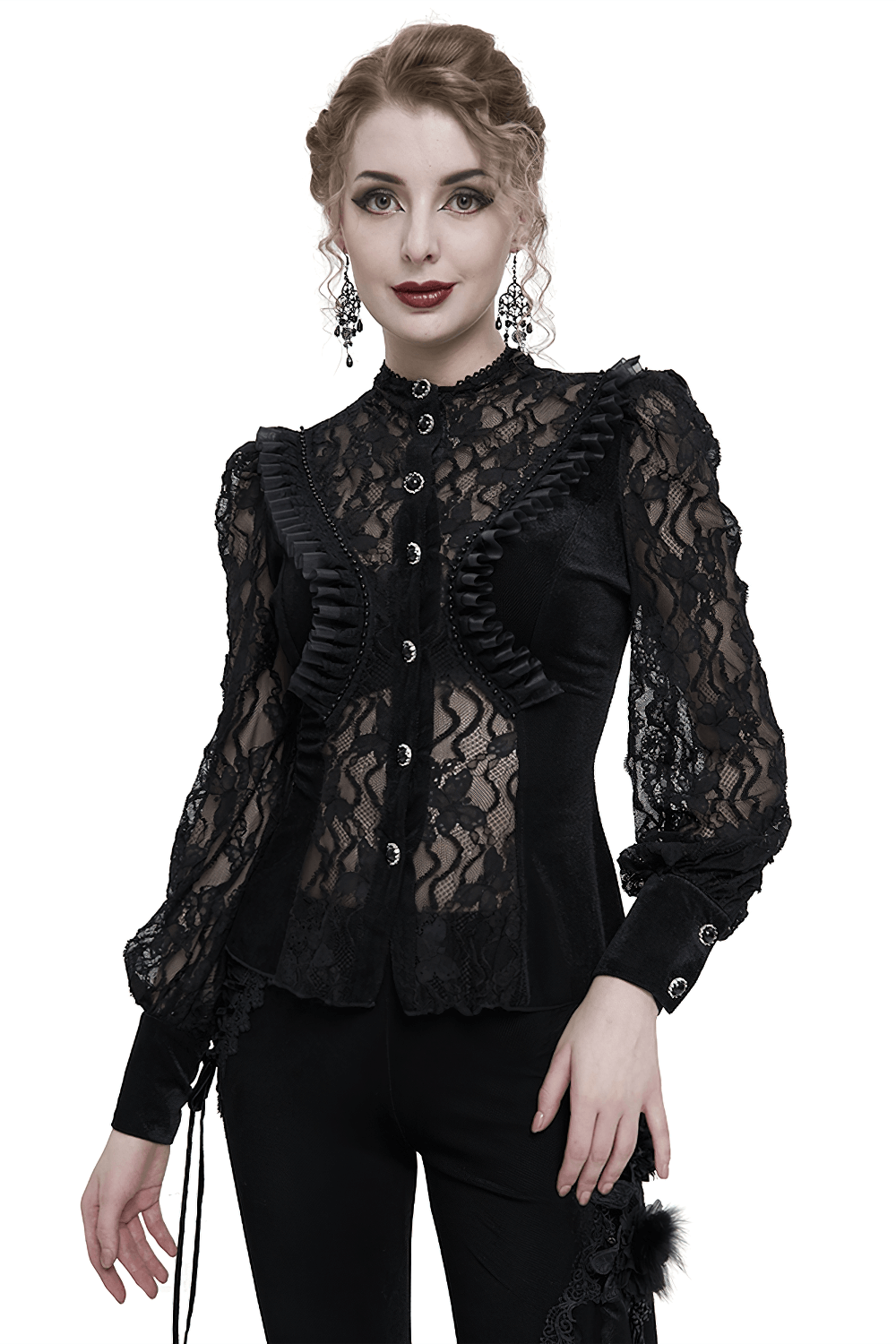 Gothic Black Lace Ruffle Blouse with Stand Collar for Women