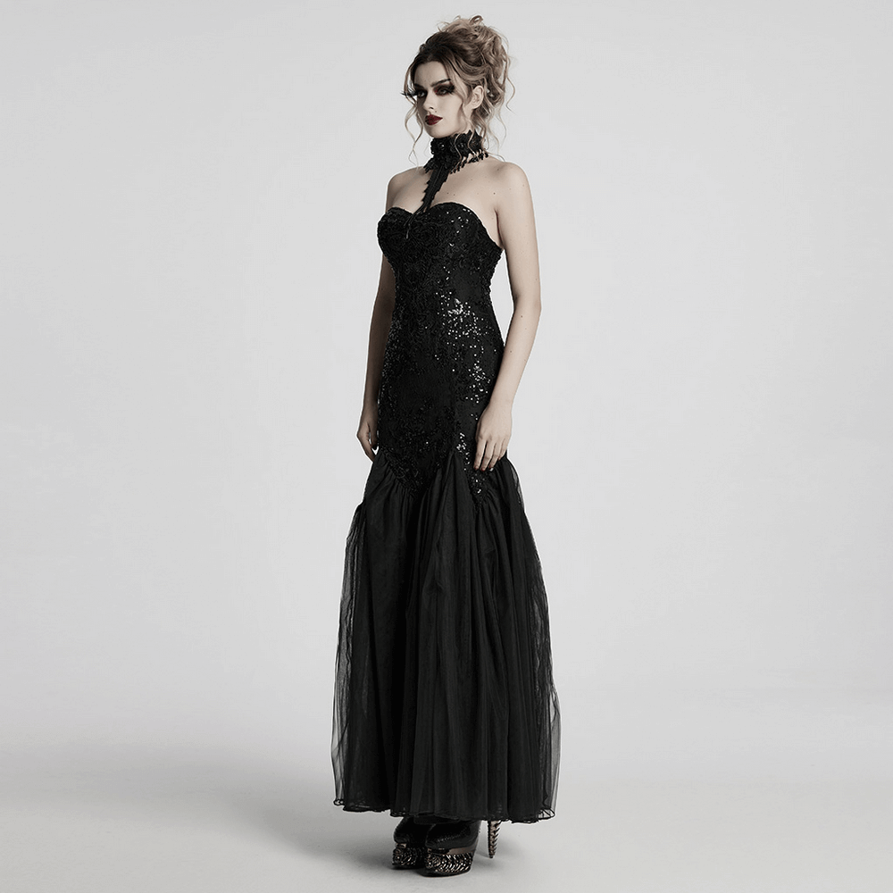 Gothic Black Lace Strapless Maxi Gown with Sequin Details