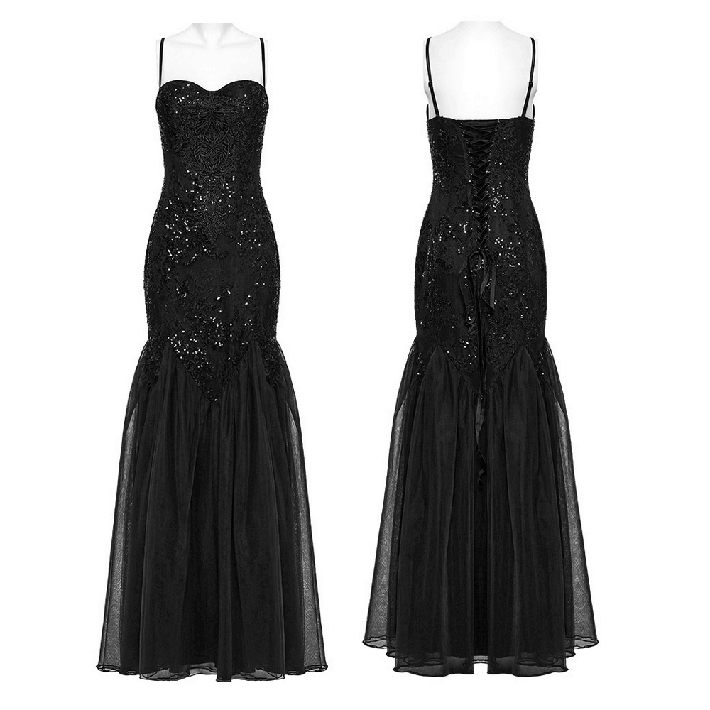 Gothic Black Lace Strapless Maxi Gown with Sequin Details