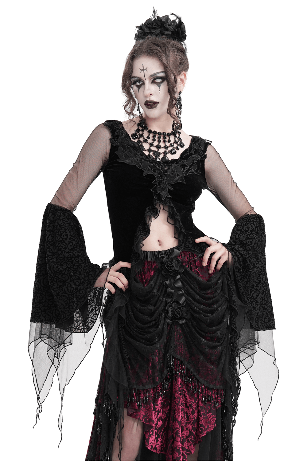 Gothic Black Lace Top with Mesh Sleeves and Asymmetrical Hem