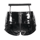 Gothic Black Leather Mesh Shorts / Sexy Zipper Chains