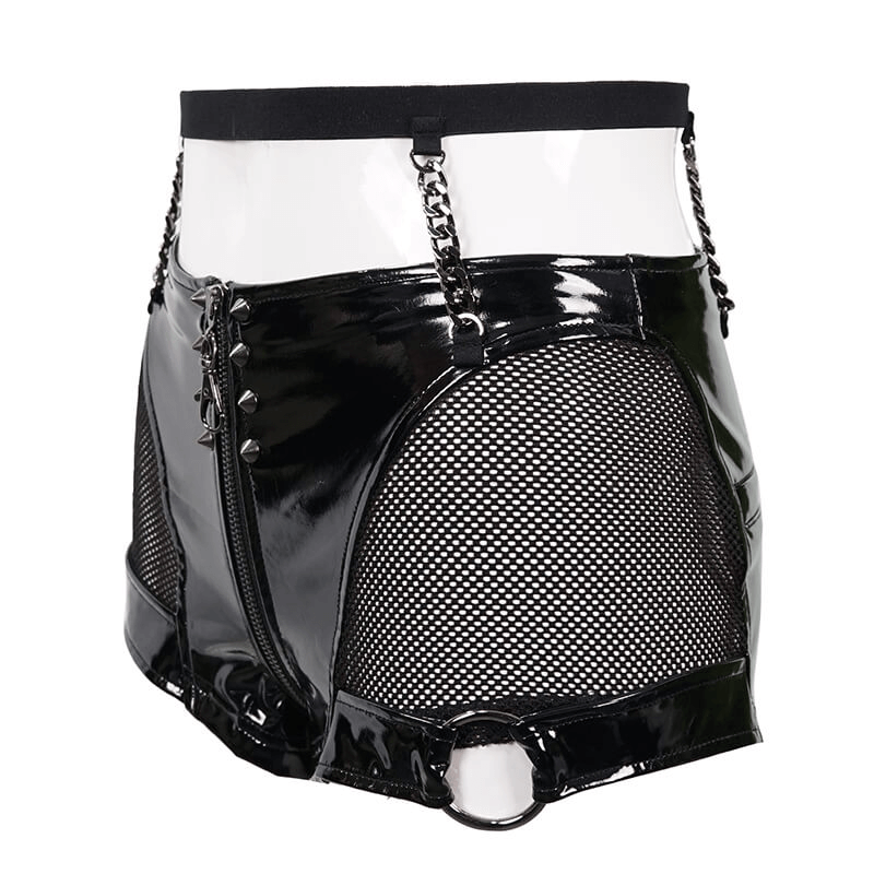 Gothic Black Leather Mesh Shorts / Sexy Zipper Chains