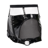 Gothic Black Leather Mesh Shorts / Sexy Zipper Chains