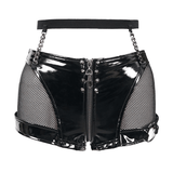 Gothic Black Leather Mesh Shorts / Sexy Zipper Chains