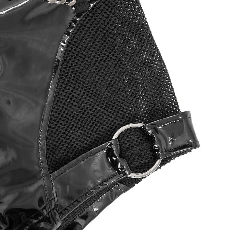 Gothic Black Leather Mesh Shorts / Sexy Zipper Chains