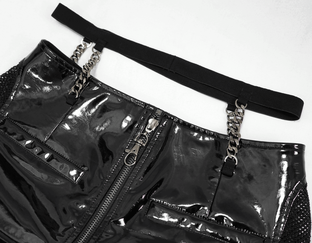 Gothic Black Leather Mesh Shorts / Sexy Zipper Chains
