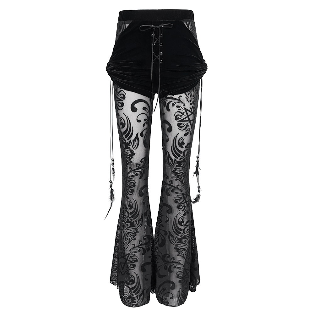 Gothic Black Mesh Splice Flared Pants with Feather Pendant