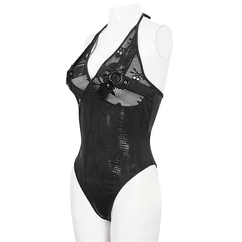 Gothic Black One-Piece Swimsuit with Metal Loops