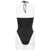 Gothic Black One-Piece Swimsuit with Metal Loops