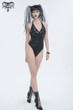 Gothic Black One-Piece Swimsuit with Metal Loops