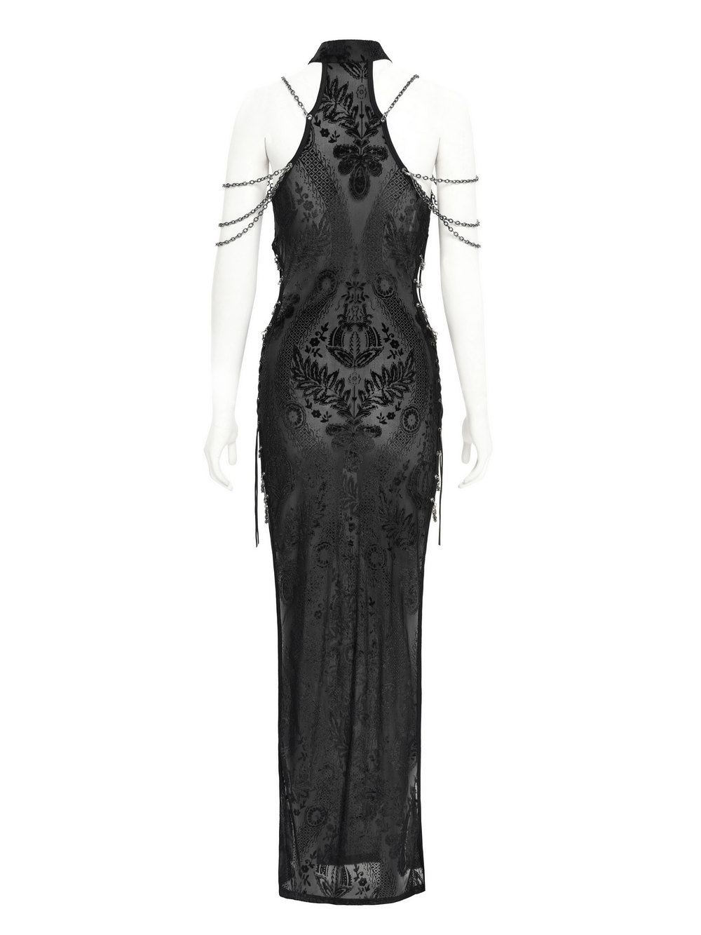 Gothic Black Sheer Dress with Chain Shoulder Accent Detail