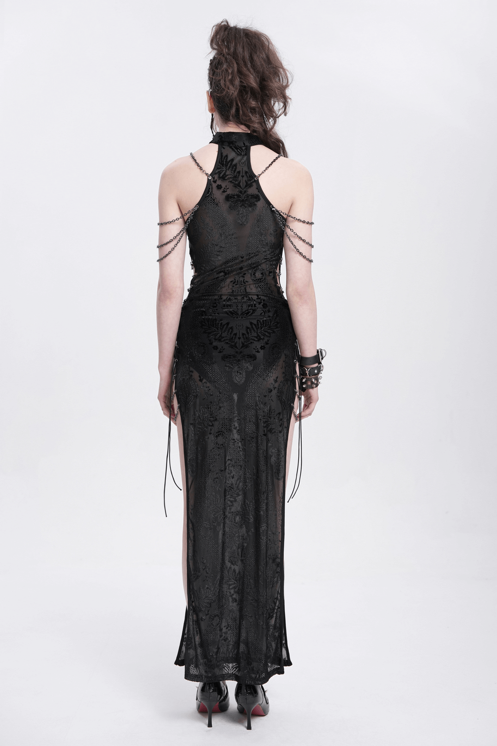 Gothic Black Sheer Dress with Chain Shoulder Accent Detail