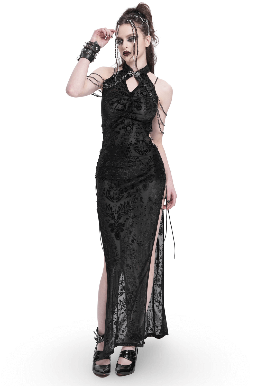 Gothic Black Sheer Dress with Chain Shoulder Accent Detail