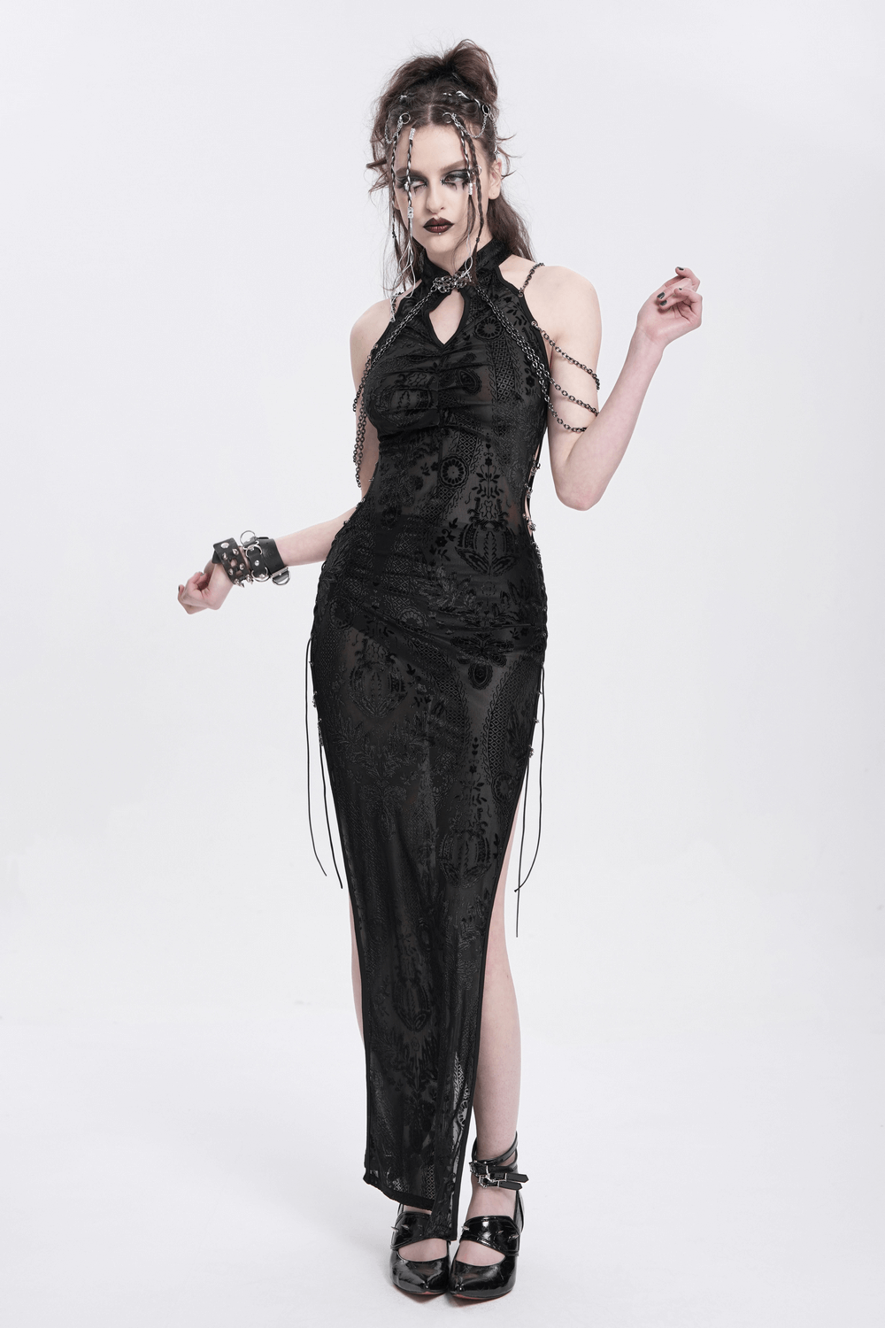 Gothic Black Sheer Dress with Chain Shoulder Accent Detail