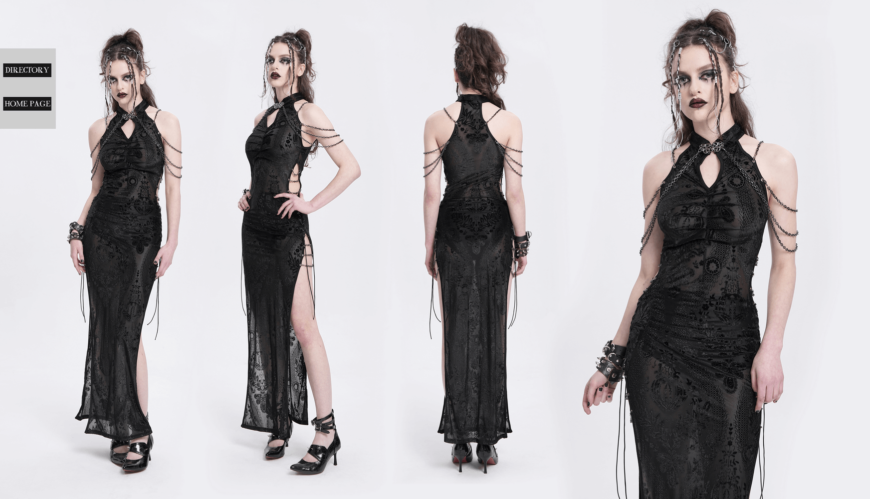 Gothic Black Sheer Dress with Chain Shoulder Accent Detail