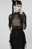 Gothic Black Sheer Mesh Skeleton Feather Lace Top