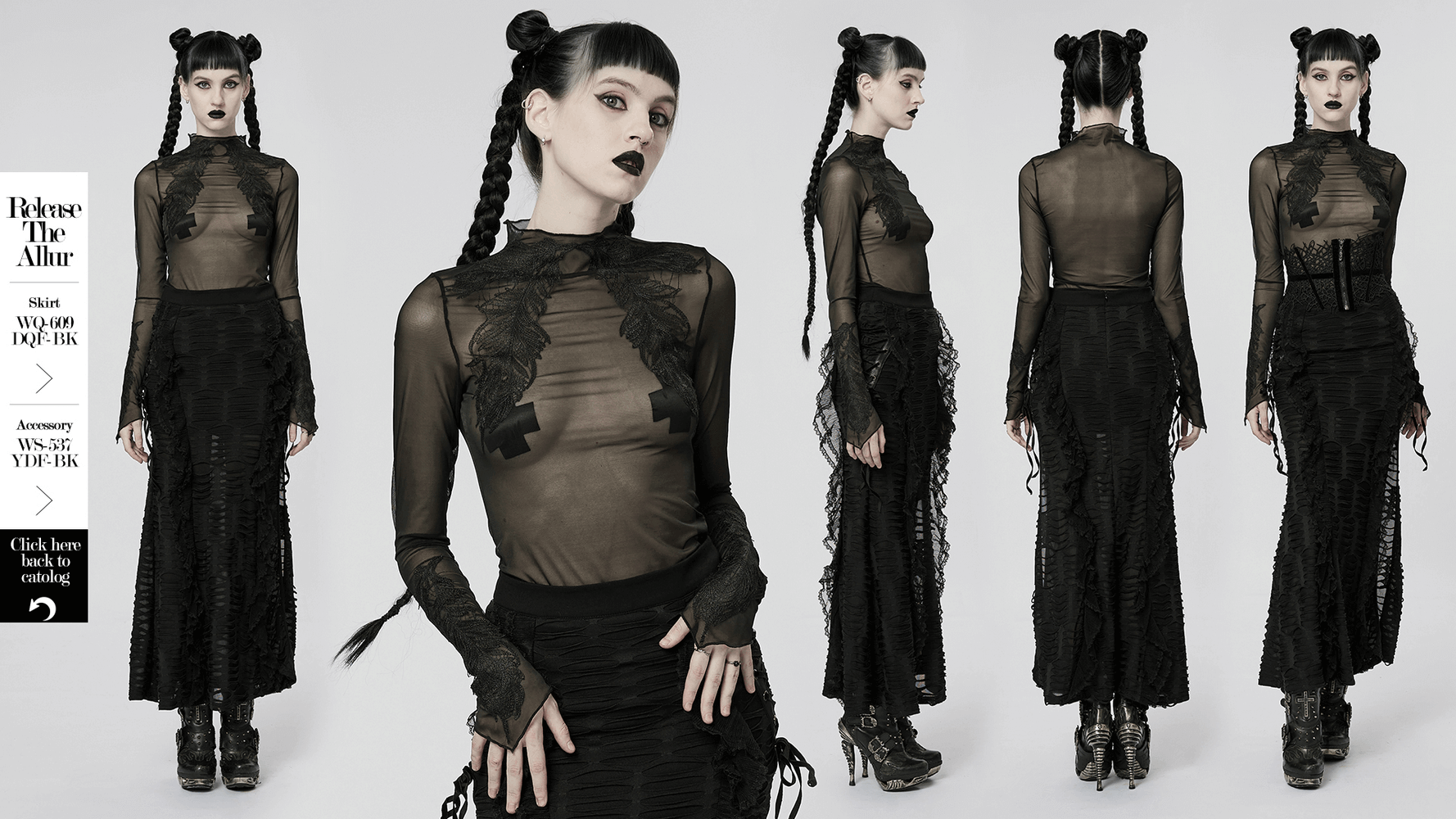 Gothic Black Sheer Mesh Skeleton Feather Lace Top