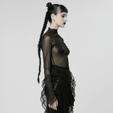 Gothic Black Sheer Mesh Skeleton Feather Lace Top